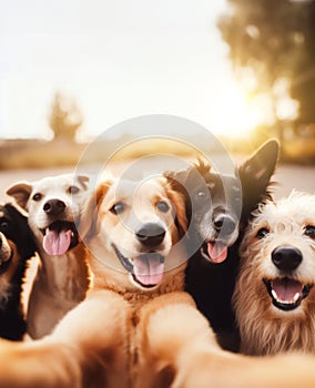 group of dogs taking a selfie in the park at sunset, friendship