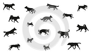 Group of dogs various breed. Black dog silhouette. Running, standing, walking, jumping dogs. Isolated on a white background. Pet