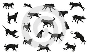 Group of dogs various breed. Black dog silhouette. Running, standing, walking, jumping and sitting dogs. Isolated on a white