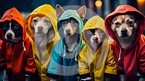 Group of dogs wearing of colored coats and hoods