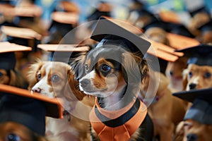 A group of dogs wearing graduation caps and gowns photo
