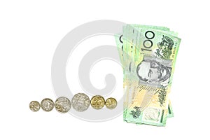Group of 100 dollar Australian notes and many coins aud on white background