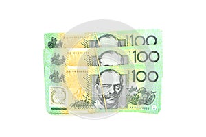 Group of 100 dollar Australian notes on white background