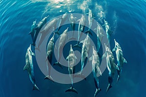 A group of dolphins gracefully swim together in the open ocean, creating a captivating display of their natural behavior, A school