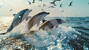 A group of dolphins jumping out of the water in front of birds, AI