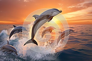 Group of dolphins jumping over ocean waves at epic sunset view