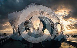 A group of dolphins (a pod) breaching the water\'s surface in the morning, generative AI
