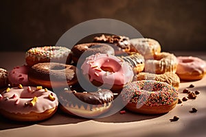 Group of Donuts on pastel background, Shot using a Leica camera, Soft shadows