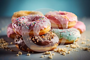 Group of Donuts on pastel background, Shot using a Leica camera, Soft shadows