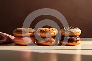 Group of Donuts on pastel background, Shot using a Leica camera, Soft shadows