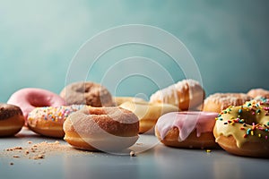 Group of Donuts on pastel background, Shot using a Leica camera, Soft shadows