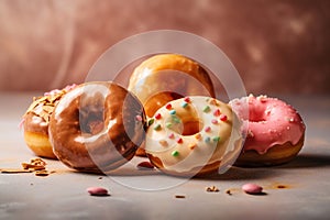 Group of Donuts on pastel background, Shot using a Leica camera, Soft shadows