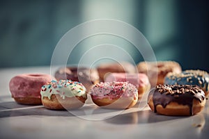 Group of Donuts on pastel background, Shot using a Leica camera, Soft shadows