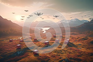 a group of drones flying over a valley with mountains