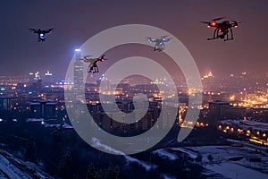 group of drones over city at snowy winter night