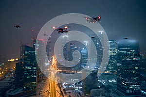 group of drones over city at snowy winter night