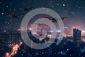 group of drones over city at snowy winter night