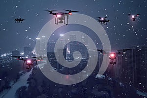 group of drones over city at snowy winter night