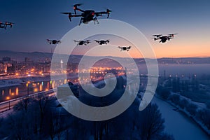 group of drones over city at snowy winter night