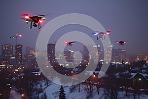 group of drones over city at snowy winter night