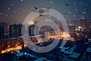 group of drones over city at snowy winter night