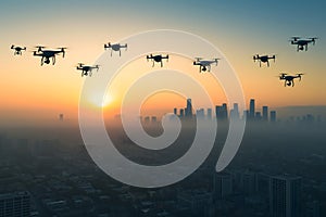 group of drones over city at summer sunset or sunrise