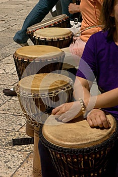 Group of drum musicants during street performance