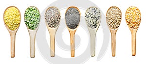 Group of dry organic cereal and grain seed pile in wooden spoon