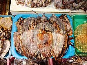 Group of Dry squid in basket, Thai food, Top view