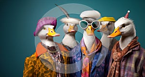 Group of duck bird in funky Wacky wild mismatch colourful outfits isolated on bright background advertisement