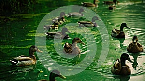 A group of ducks paddle through a murky algaefilled pond their feathers tinged with an unsettling emerald color