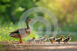 A group of ducks stands in a row on a road, displaying their characteristic quacking and waddling movements, An endearing scene of