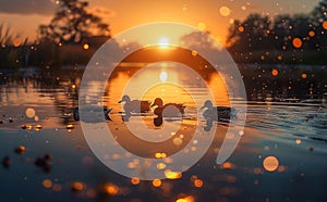 A group of ducks are swimming in a lake at sunset. The water is calm and the sky is orange