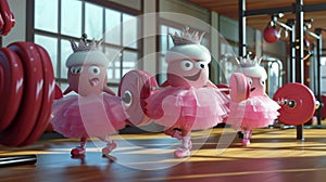 A group of dumbbells in a fitness cl attempt to lift weights while wearing tutus and tiaras in a silly cartoon scene