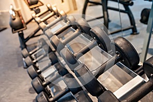 Group of dumbbells on rack in exercise gym