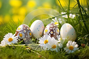 a group of easter eggs sitting on top of a lush green field, lying on a bed of daisies,