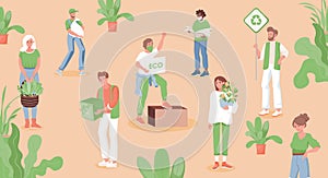 Group of eco activists protesting against environmental pollution vector flat illustration.