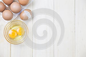 Group of egg on plastic with two egg in bowl and eggshell on woo