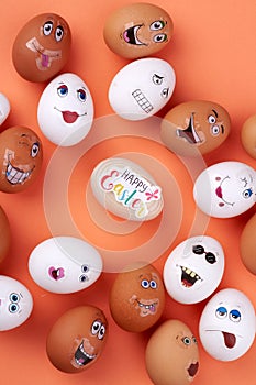 Group of eggs with funny faces.