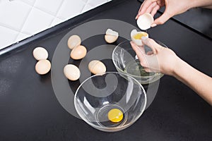 Group of egs and glass bowls on kitchen photo