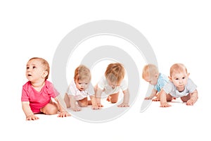 Group of eight babies, crawling, over white