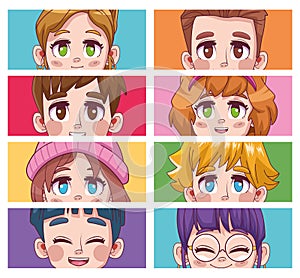 group of eight cute youngs teenagers manga anime characters