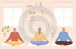 Group of elderly diverse people with crossed legs and closed eyes meditating at home. Senior old age person sitting in