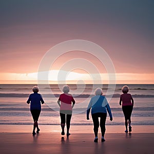 A group of elderly people are doing exercises at the seashore at sunset. Rear view. AI generated image.