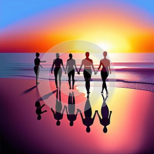 A group of elderly people are doing exercises at the seashore at sunset. Rear view. AI generated image.