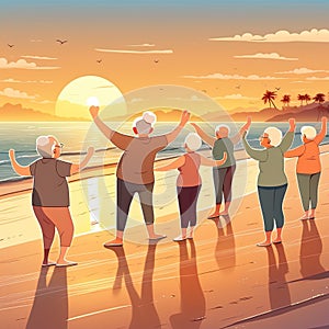 A group of elderly people are doing exercises at the seashore at sunset. Rear view. AI generated image.