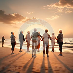 A group of elderly people are doing exercises at the seashore at sunset. Rear view. AI generated image.