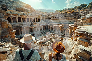 A group of elderly people during an excursion to the excavations of ancient ruins. photo