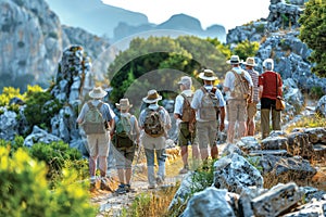 A group of elderly people during an excursion to the excavations of ancient ruins. photo