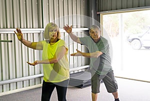 Group of elderly senior people practicing Tai chi class in age care gym facilities